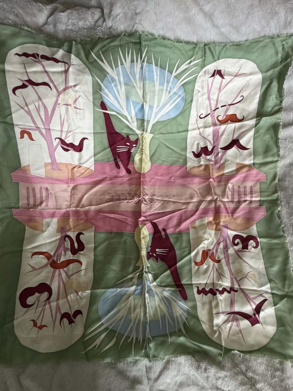 Bernard Le Bouvier Mid-Century Modern Abstract Cat Silk Fringe Scarf